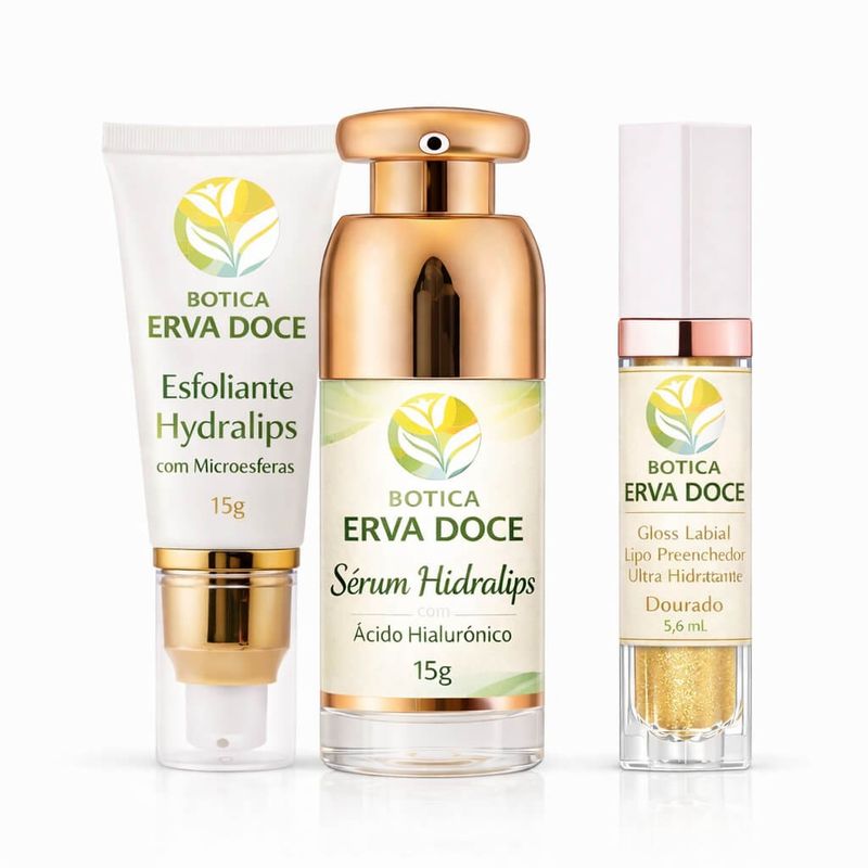Hydra Lips Gloss Dourado Kit Esfoliante, Serum e Gloss Volumizador