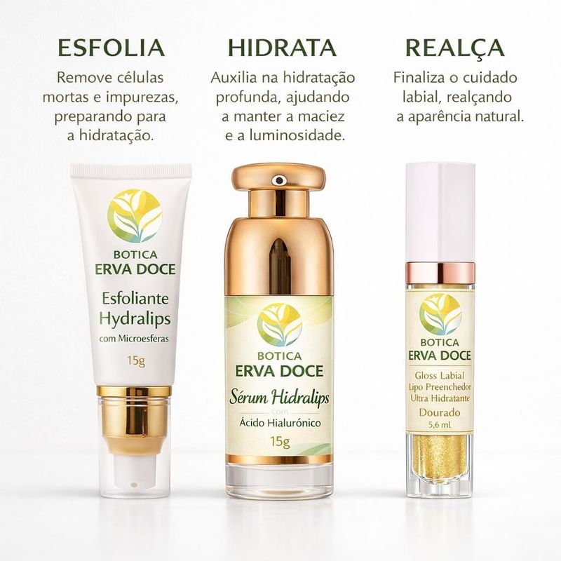 Hydra Lips Gloss Dourado Kit Esfoliante, Serum e Gloss Volumizador