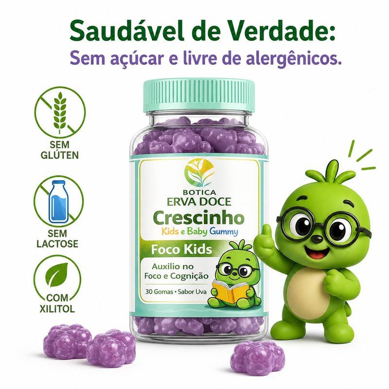 Gummy Foco Kids 30 und Sabor Uva: Foco e Aprendizado