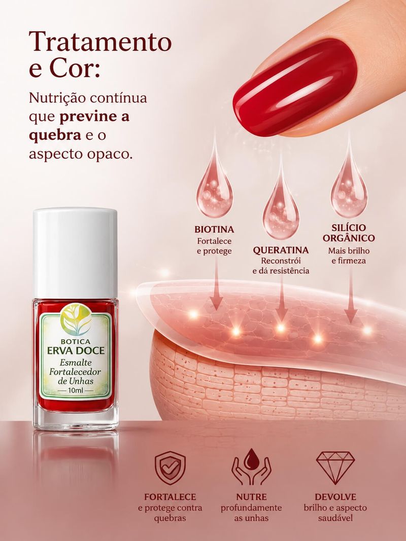 Esmalte Fortalecedor para Unhas Vermelho Intenso 10mL