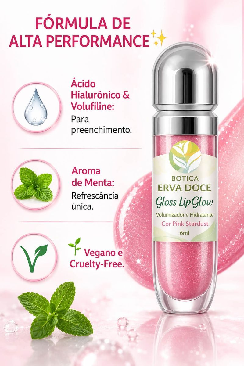 Gloss LipGlow 6ml Volumizador e Hidratante Cor Pink Stardust