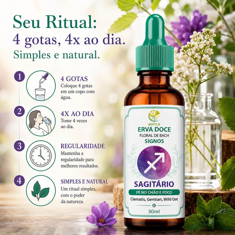Floral de Bach Signos Sagitário - Pé no Chão e Foco 30 ml