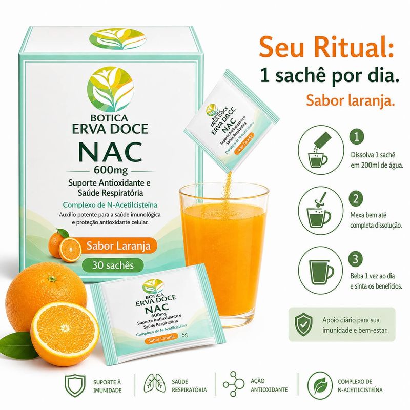 NAC N-Acetilcisteina  600mg –   30 sachês Laranja 
