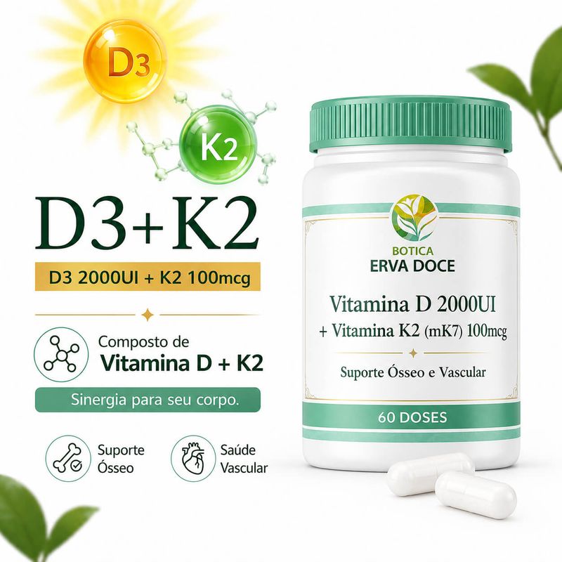 Vitamina D3 2000UI + K2 100mcg -  Suporte Ósseo  60 Doses