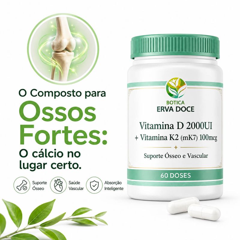 Vitamina D3 2000UI + K2 100mcg -  Suporte Ósseo  60 Doses