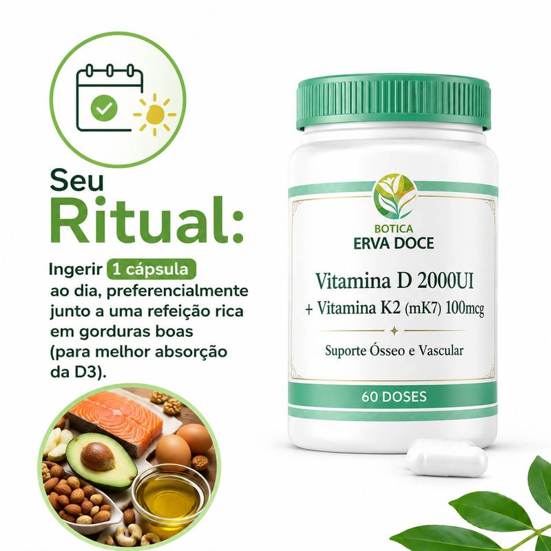 Vitamina D3 2000UI + K2 100mcg -  Suporte Ósseo  60 Doses