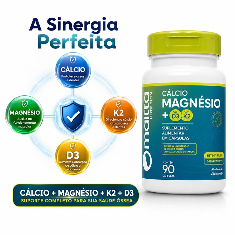 Cálcio, Magnésio, Vitamina K2 e D3 - 90 Cápsulas Duom