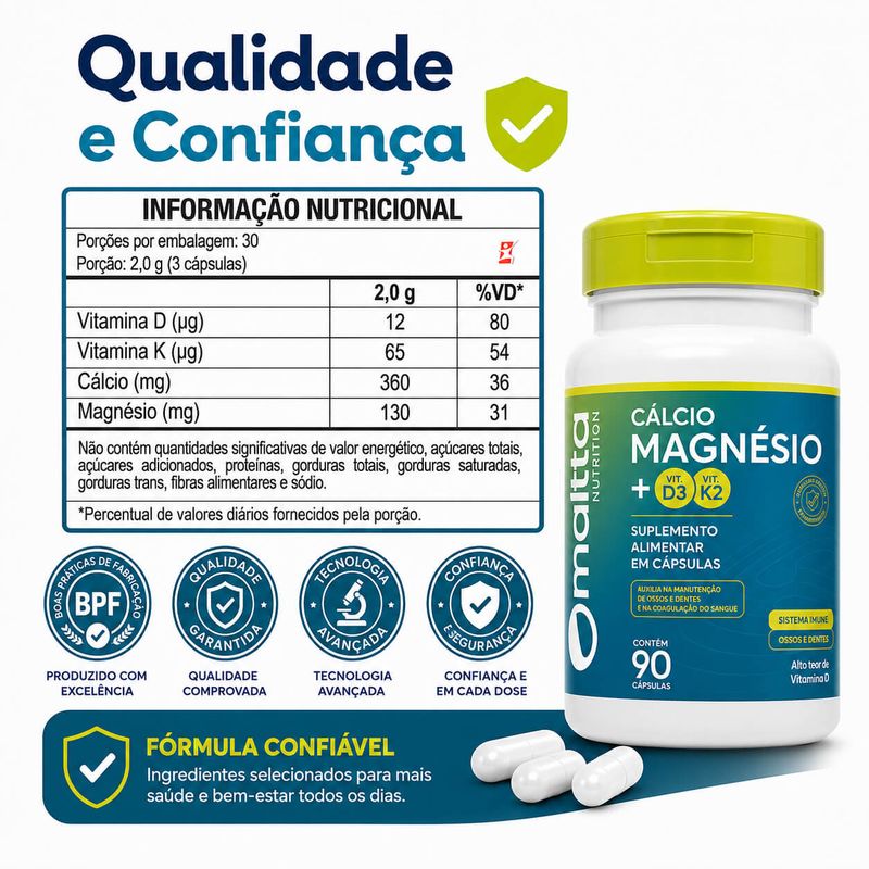 Cálcio, Magnésio, Vitamina K2 e D3 - 90 Cápsulas Duom