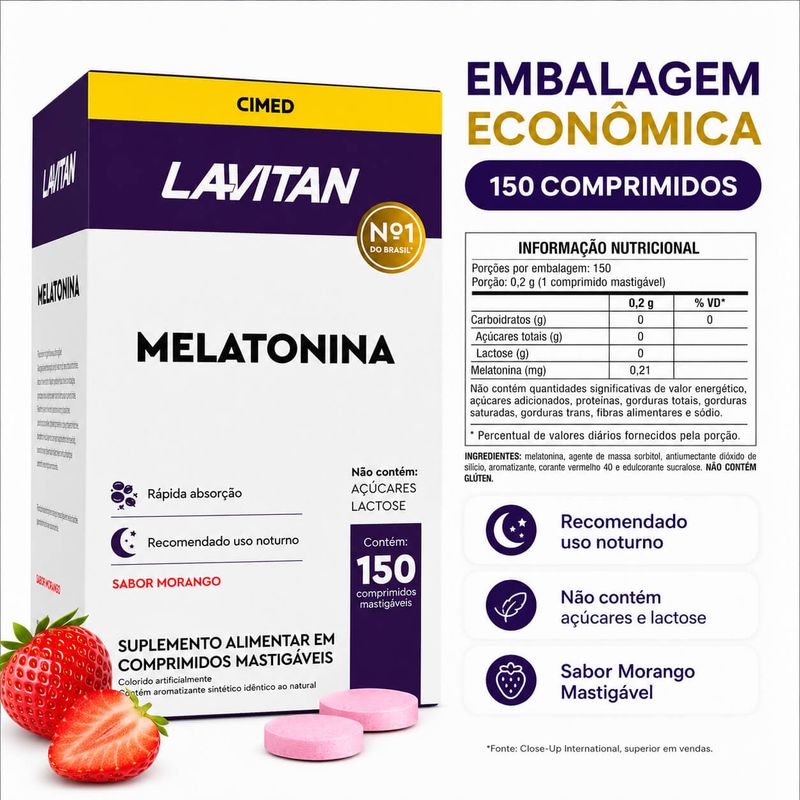 Lavitan Melatonina Mastigável Sabor Morango 150 Comprimidos