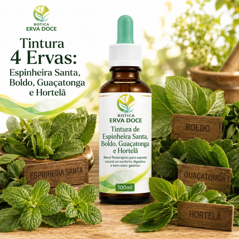 Tintura Espinheira Santa, Boldo, Guaçatonga e Hortelã 100ml
