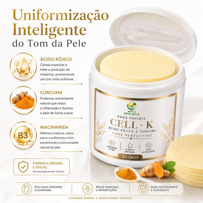 Pads Faciais CELL - K  Kójico e Cúrcuma –50 Pads / 100ml