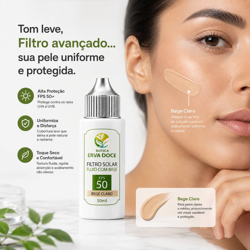 Filtro Solar Fluid com Base FPS 50+ Bege Claro – 30ml