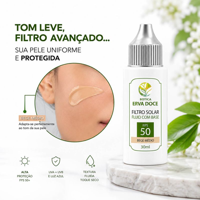 Filtro Solar Fluid com Base FPS 50+ Bege Médio  – 30ml