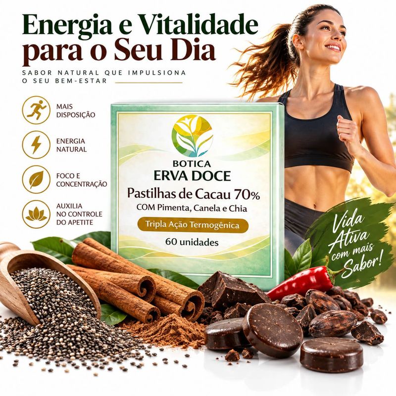 Pastilha Termogênica de Cacau Pimenta Canela e Chia 60 unidades