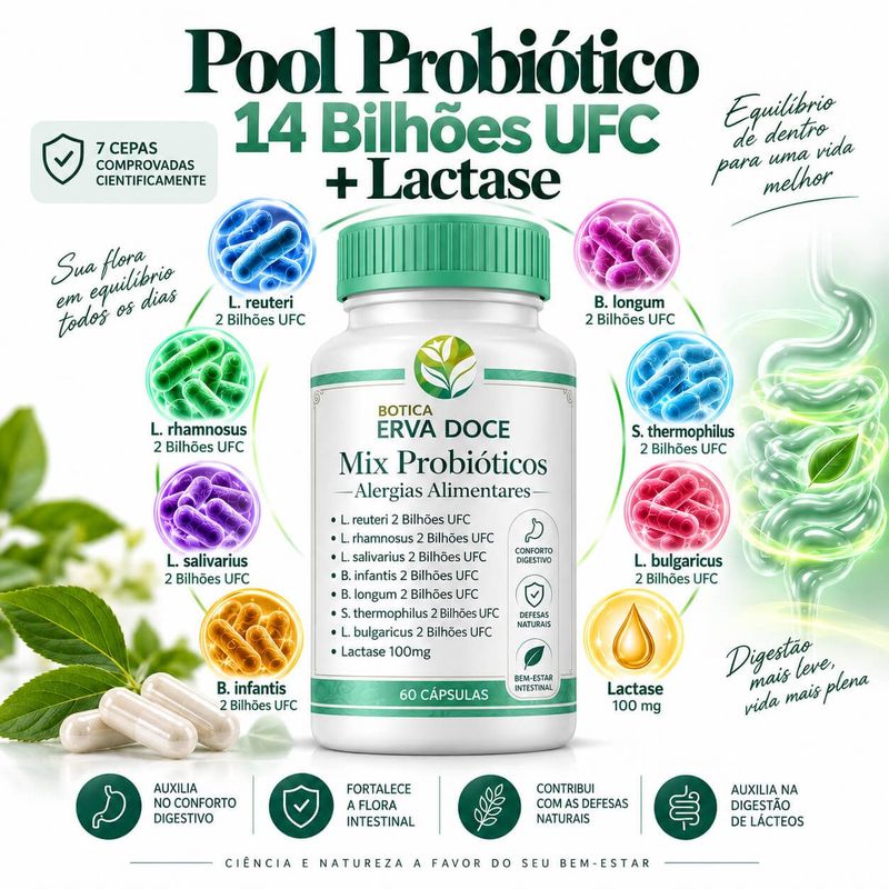 Pool de Probióticos para Intolerâncias e Conforto 60Caps
