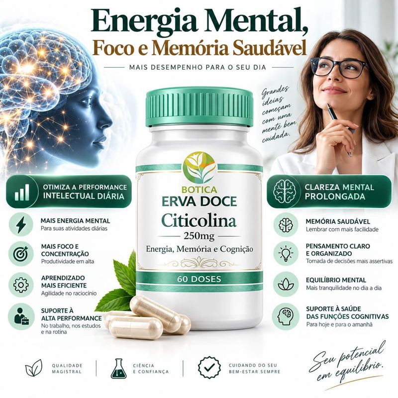 Citicolina 250mg - Suporte para Foco e Energia Mental 60 Doses