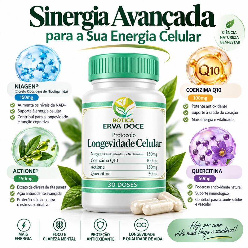 Protocolo Longevidade Celular -  Niagen, CoQ10 e Actione 30 caps