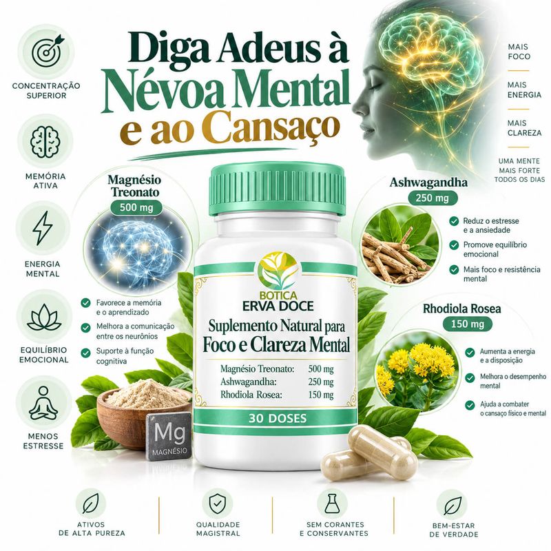 Suplemento Natural Foco e Clareza Mental - 30 Capsulas 