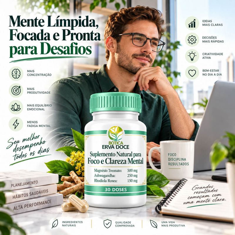 Suplemento Natural Foco e Clareza Mental - 30 Capsulas 