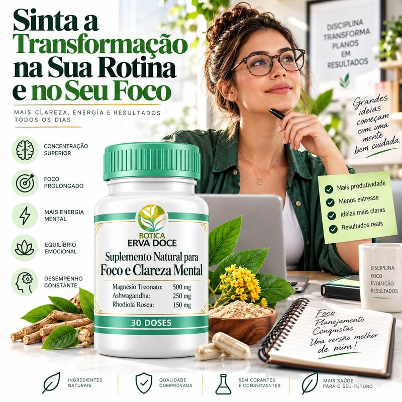 Suplemento Natural Foco e Clareza Mental - 30 Capsulas 