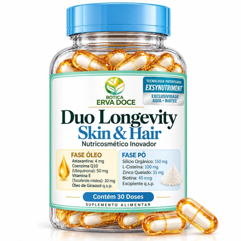 Capsula Duo Duo Longevity Skin e Hair Nutricosmético 30 Doses