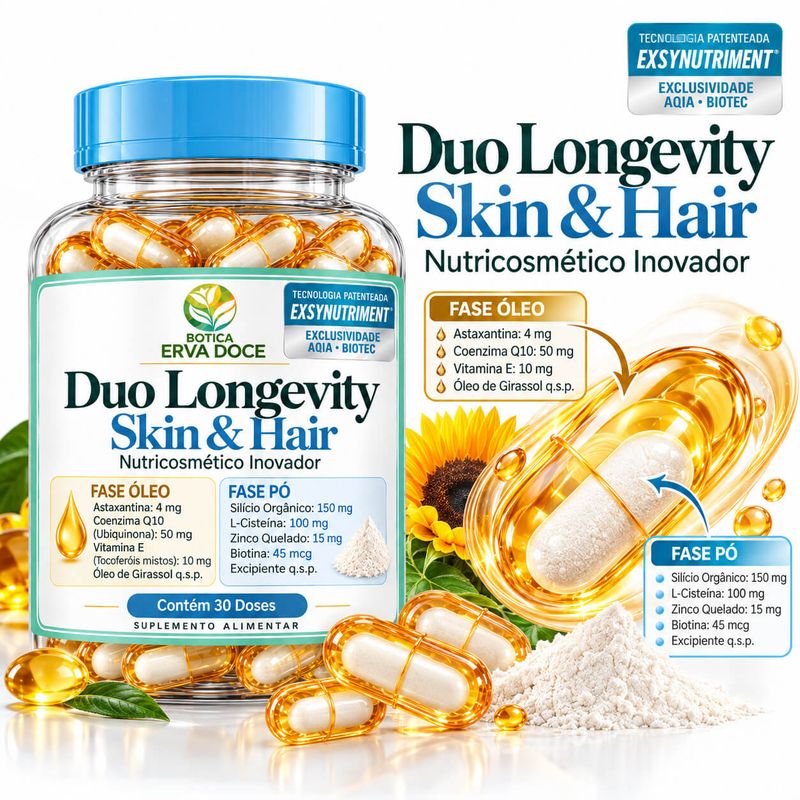 Capsula Duo Duo Longevity Skin e Hair Nutricosmético 30 Doses