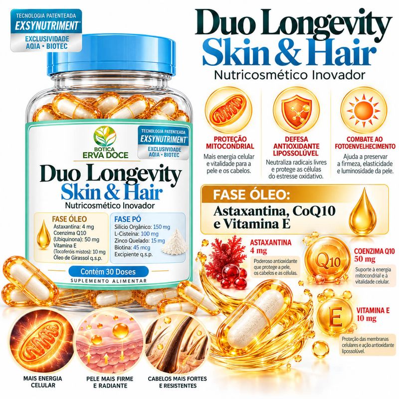 Capsula Duo Duo Longevity Skin e Hair Nutricosmético 30 Doses