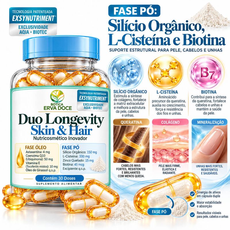 Capsula Duo Duo Longevity Skin e Hair Nutricosmético 30 Doses