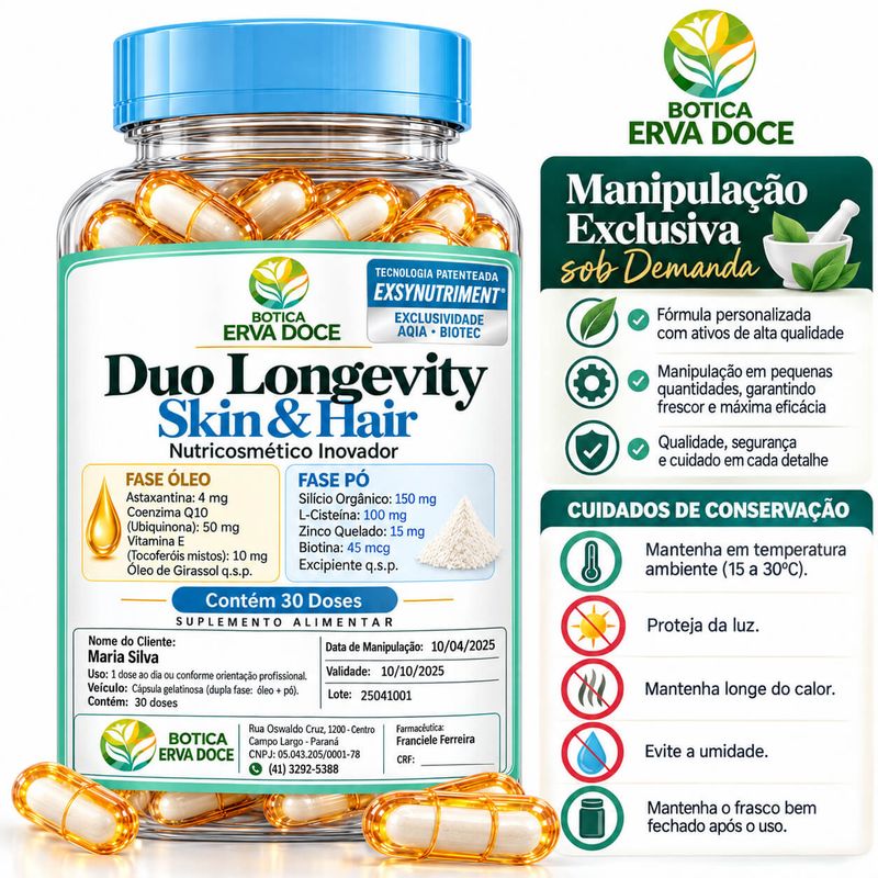 Capsula Duo Duo Longevity Skin e Hair Nutricosmético 30 Doses