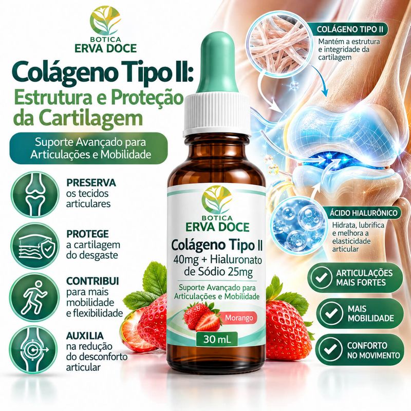 Colageno Tipo II e Acido Hialuronico para  Articulações - 30ml 