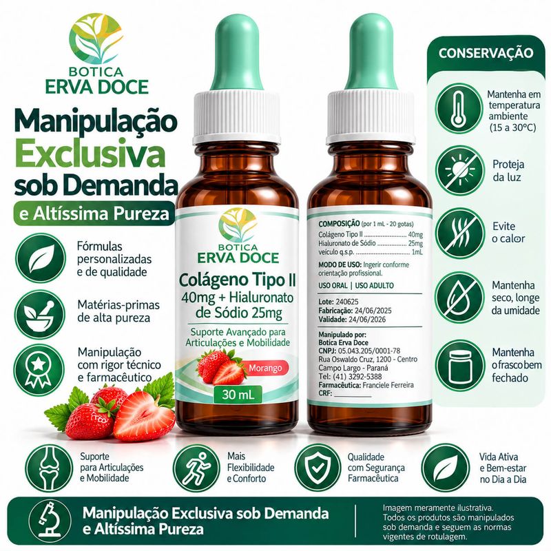 Colageno Tipo II e Acido Hialuronico para  Articulações - 30ml 