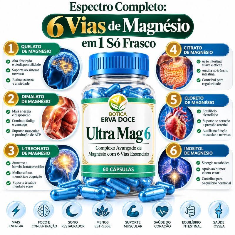 Ultra Mag 6 – Complexo Avançado de Magnesio com 6 Vias 60 caps