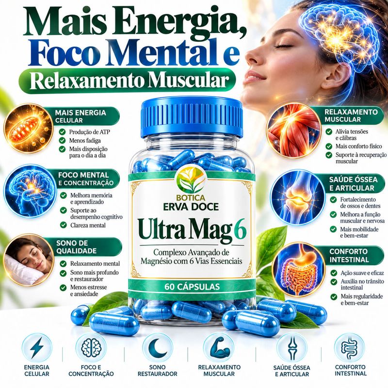 Ultra Mag 6 – Complexo Avançado de Magnesio com 6 Vias 60 caps