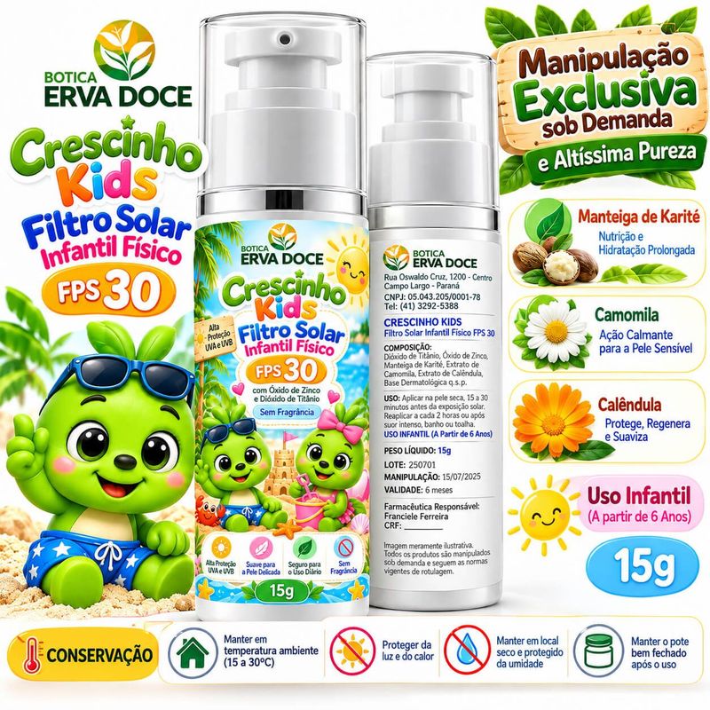 Filtro Solar Infantil FPS 30 30g Crescinho Kids e Baby
