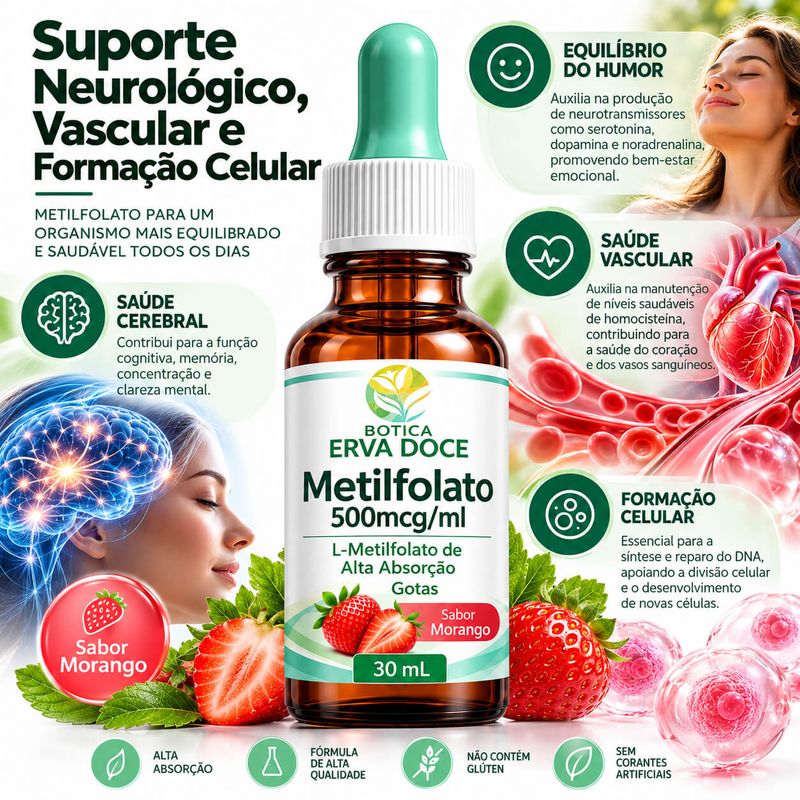 Metilfolato 500mcg/ml Gotas Sabor Morango 30ml