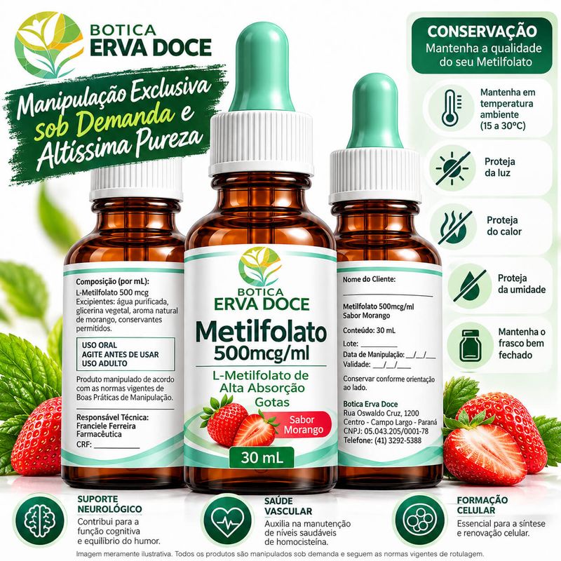 Metilfolato 500mcg/ml Gotas Sabor Morango 30ml