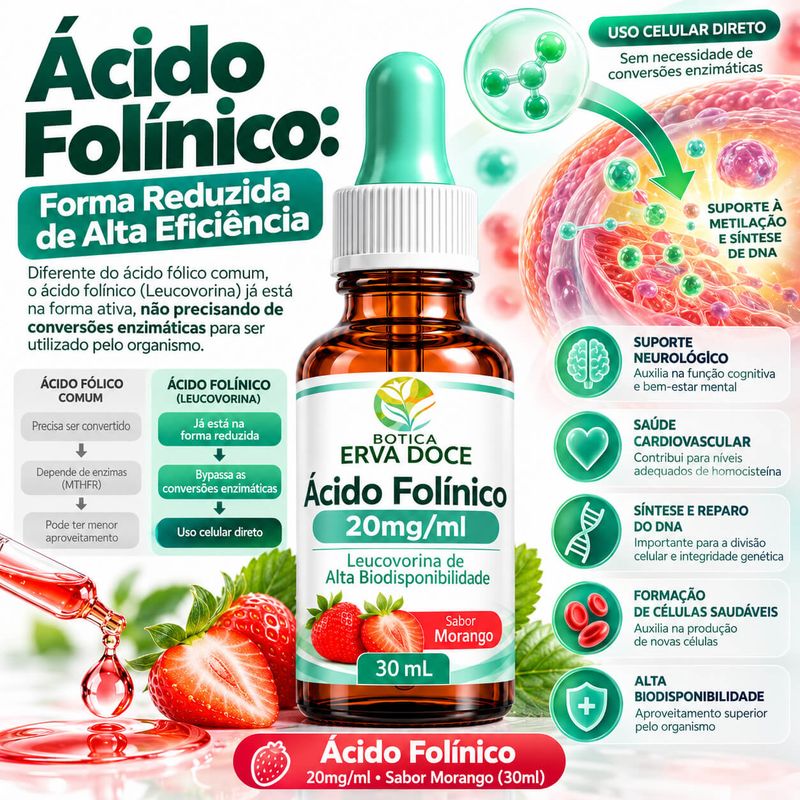 Acido Folinico 20mg/ml Gotas Sabor Morango 30ml