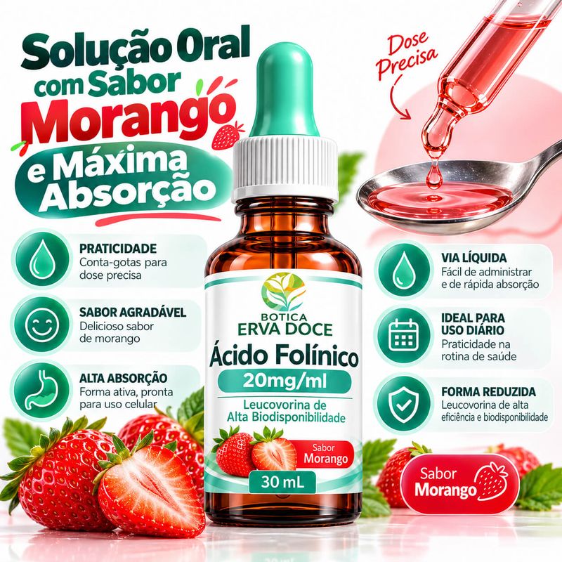 Acido Folinico 20mg/ml Gotas Sabor Morango 30ml