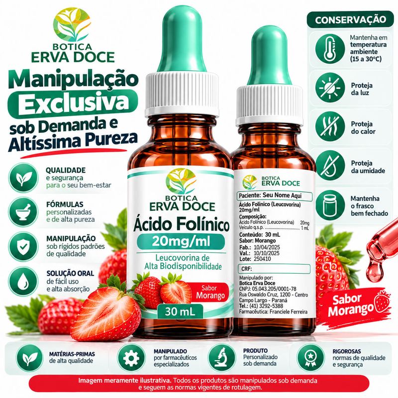 Acido Folinico 20mg/ml Gotas Sabor Morango 30ml