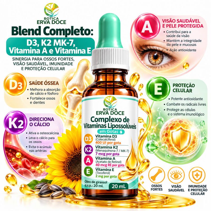 Complexo de Vitaminas  – Vitaminas D3, K2 MK-7, A e E 20ml