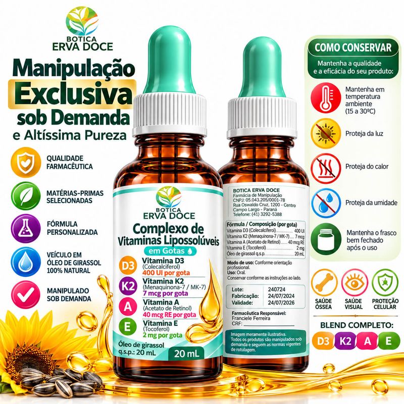 Complexo de Vitaminas  – Vitaminas D3, K2 MK-7, A e E 20ml
