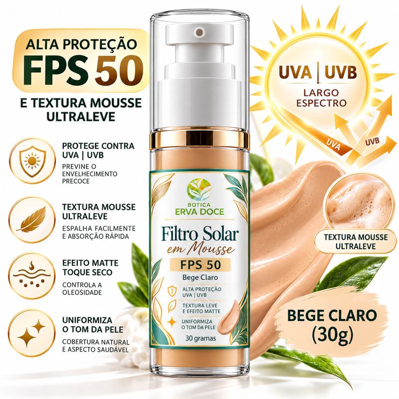 Protetor Solar em Mousse FPS 50 Bege Claro –  30g