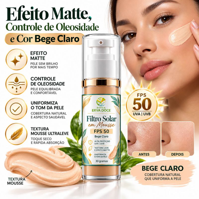 Protetor Solar em Mousse FPS 50 Bege Claro –  30g