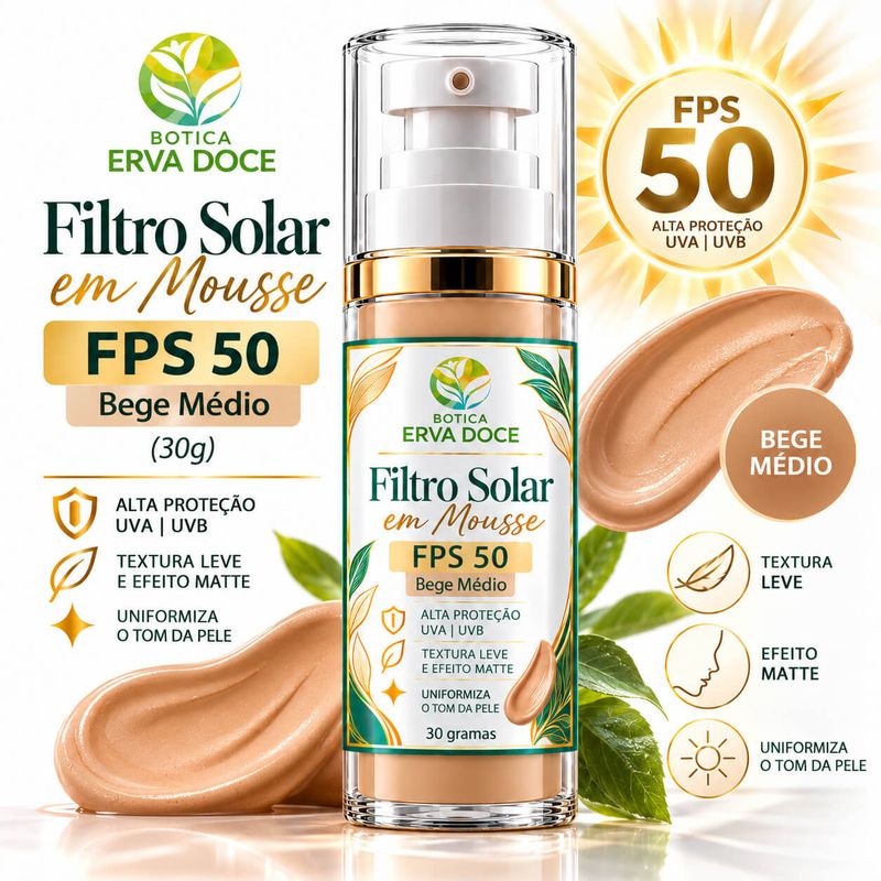 Protetor Solar em Mousse FPS 50 Bege Médio  –  30g