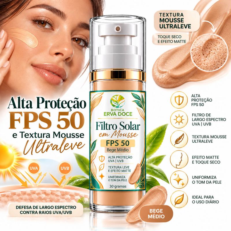 Protetor Solar em Mousse FPS 50 Bege Médio  –  30g