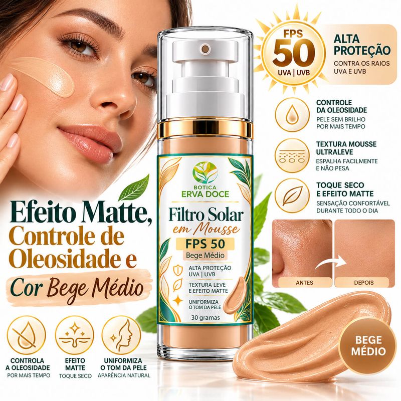 Protetor Solar em Mousse FPS 50 Bege Médio  –  30g