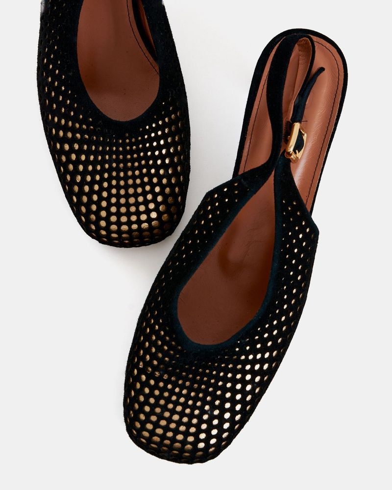 Scarpin Salto Liz Pingos Preto e Ouro