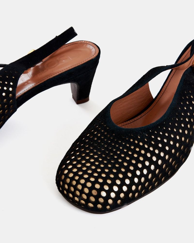 Scarpin Salto Liz Pingos Preto e Ouro