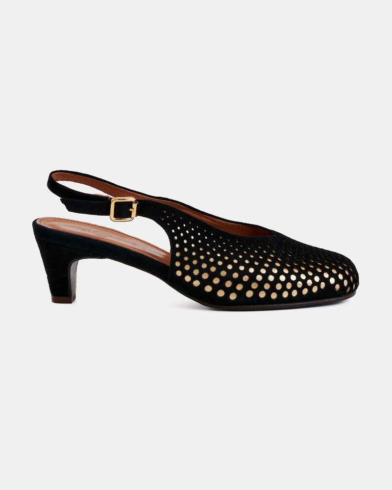 Scarpin Salto Liz Pingos Preto e Ouro