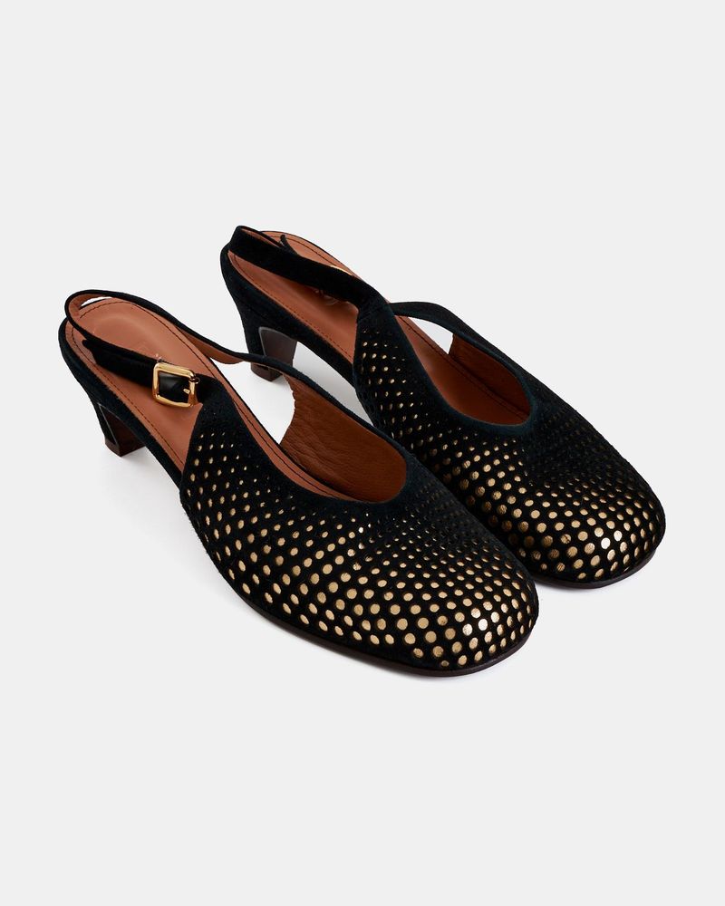 Scarpin Salto Liz Pingos Preto e Ouro